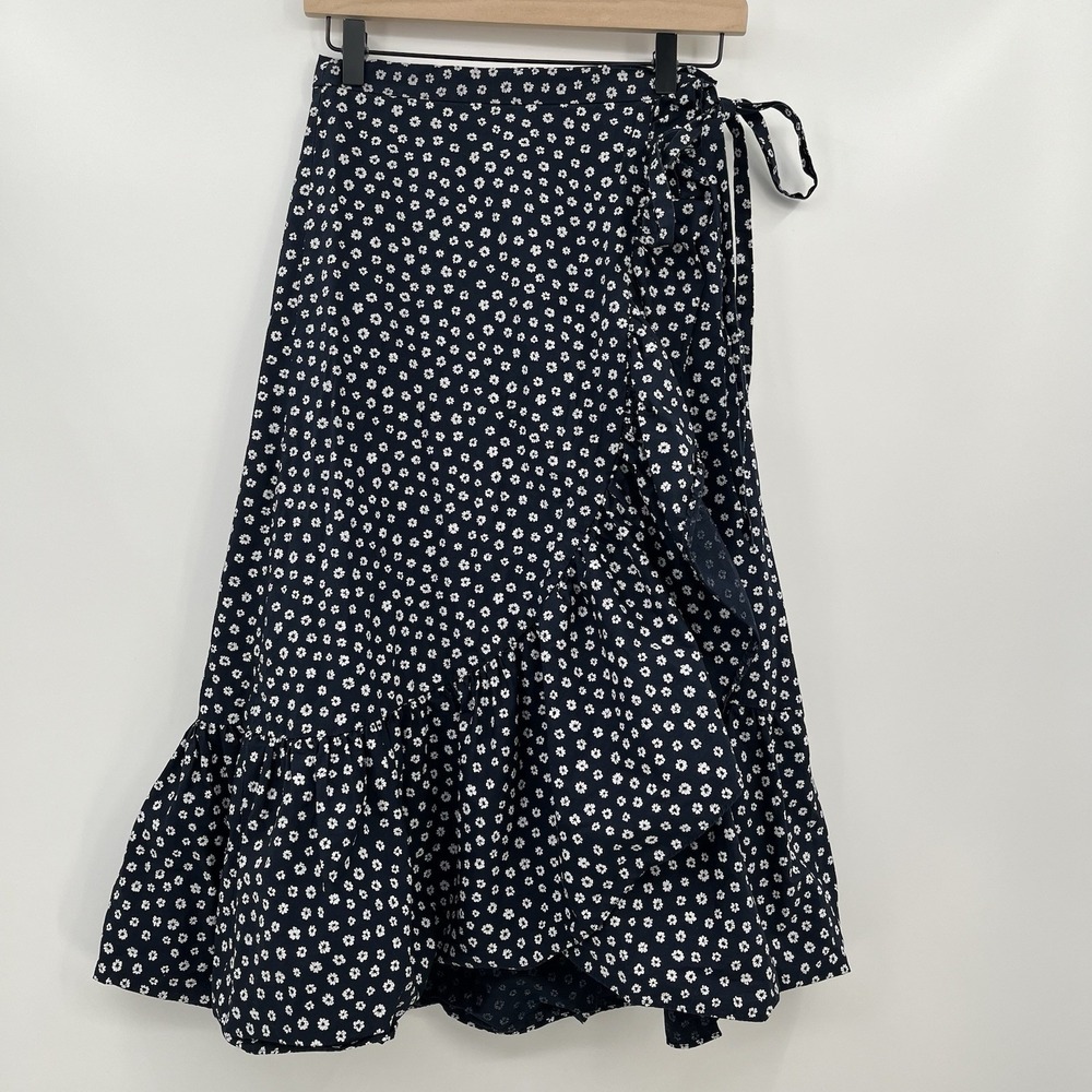 J Crew Floral Skirt Midi Ruffle Wrap 0 Ditsy Floral Navy Coquette Modest Church